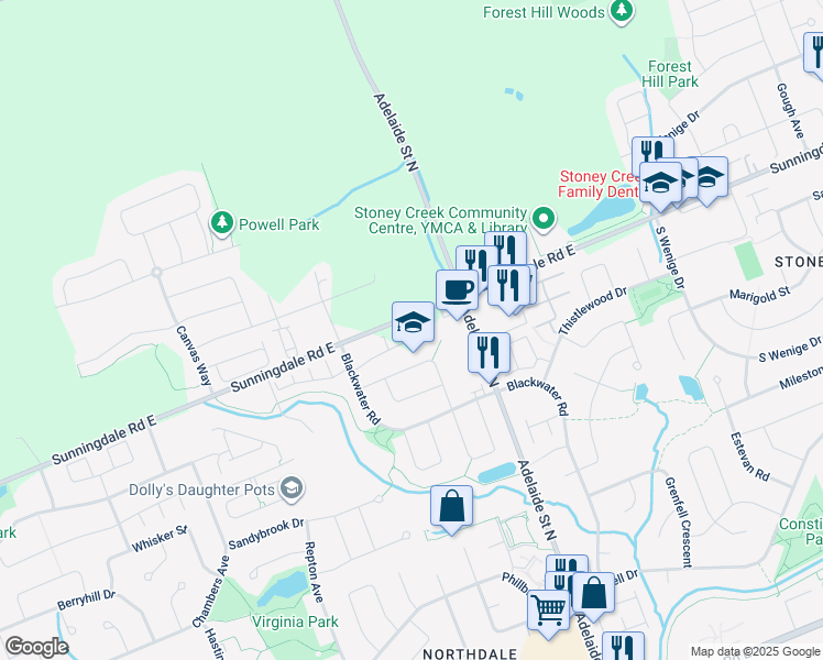 map of restaurants, bars, coffee shops, grocery stores, and more near 2230 Blackwater Road in London