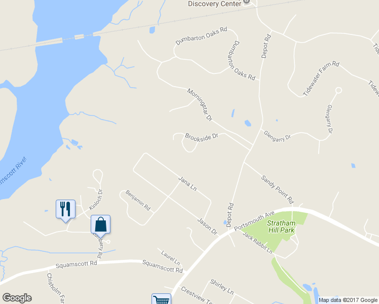 map of restaurants, bars, coffee shops, grocery stores, and more near 39 Brookside Drive in Stratham