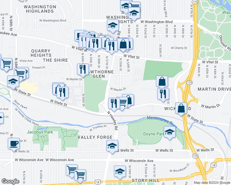 map of restaurants, bars, coffee shops, grocery stores, and more near 5519 West Martin Drive in Milwaukee