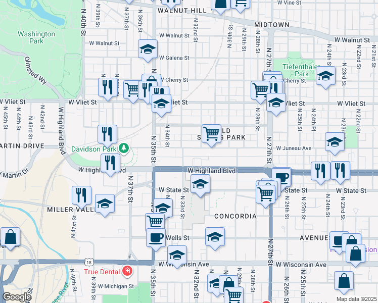 map of restaurants, bars, coffee shops, grocery stores, and more near 3233 West Juneau Avenue in Milwaukee