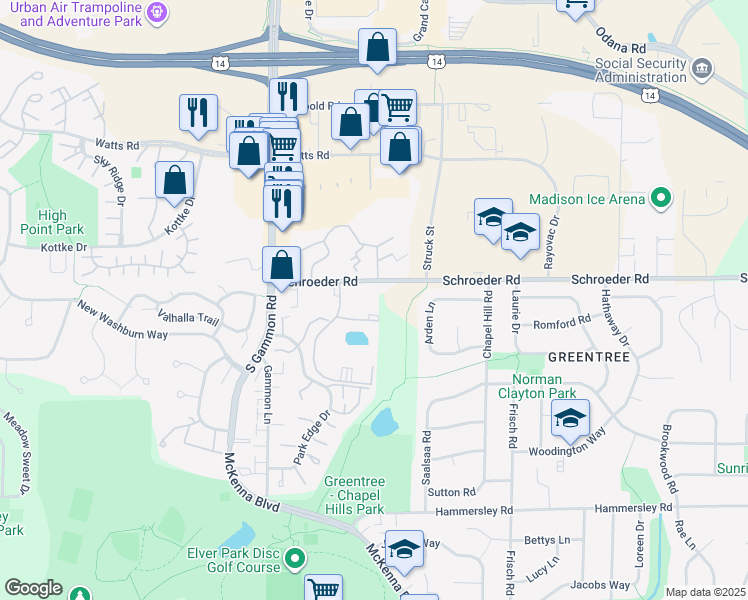 map of restaurants, bars, coffee shops, grocery stores, and more near 6701 Schroeder Road in Madison