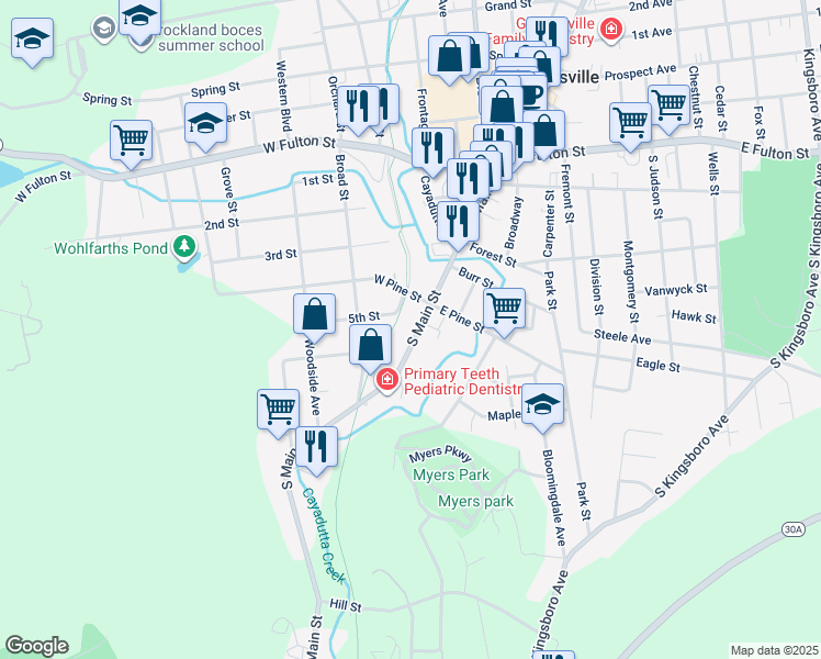 map of restaurants, bars, coffee shops, grocery stores, and more near 158 South Main Street in Gloversville