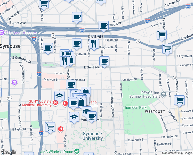 map of restaurants, bars, coffee shops, grocery stores, and more near 917 Madison Street in Syracuse