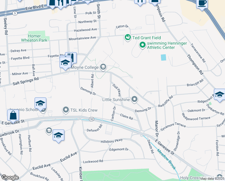map of restaurants, bars, coffee shops, grocery stores, and more near 207 Carlton Drive in Syracuse