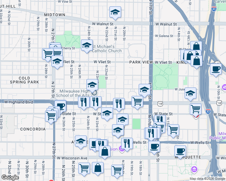 map of restaurants, bars, coffee shops, grocery stores, and more near 1146 North 21st Street in Milwaukee