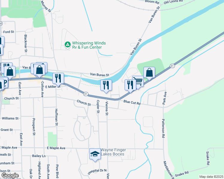 map of restaurants, bars, coffee shops, grocery stores, and more near 105 Lyons Street in Newark