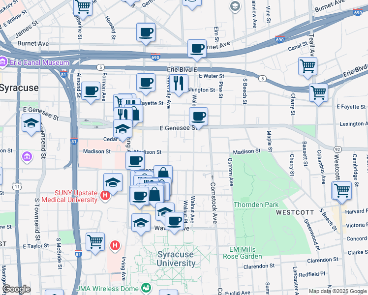map of restaurants, bars, coffee shops, grocery stores, and more near 920 Madison Street in Syracuse