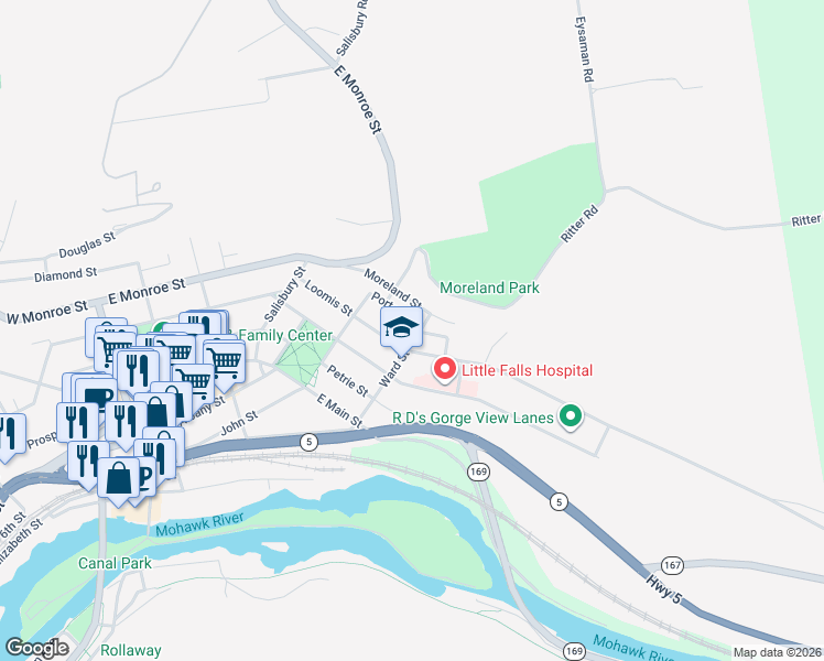 map of restaurants, bars, coffee shops, grocery stores, and more near 74 Ward St in Little Falls
