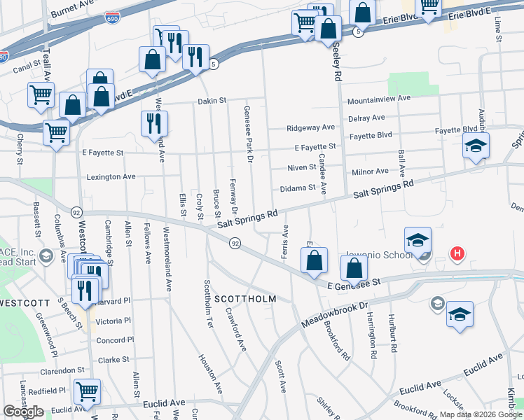 map of restaurants, bars, coffee shops, grocery stores, and more near 409 Salt Springs Road in Syracuse