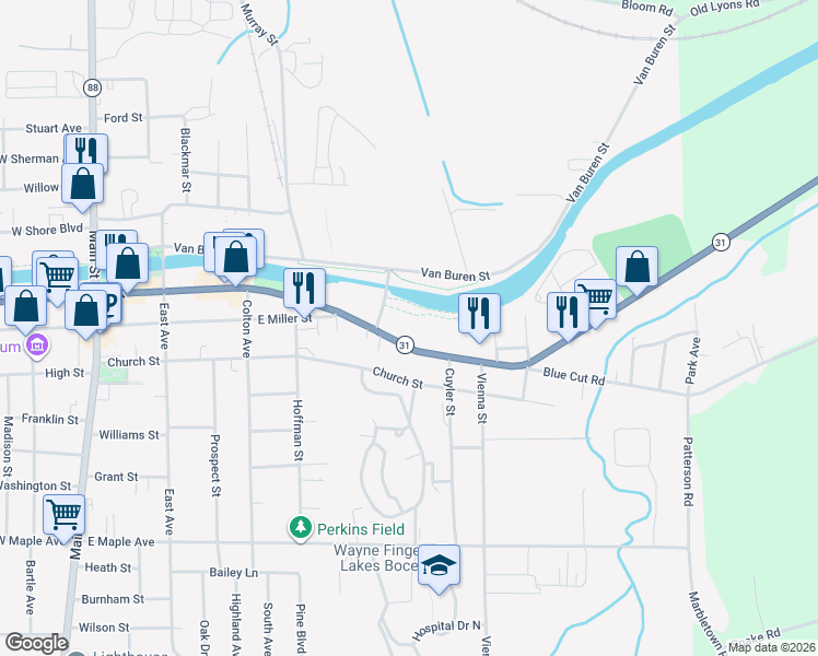 map of restaurants, bars, coffee shops, grocery stores, and more near 410 East Union Street in Newark