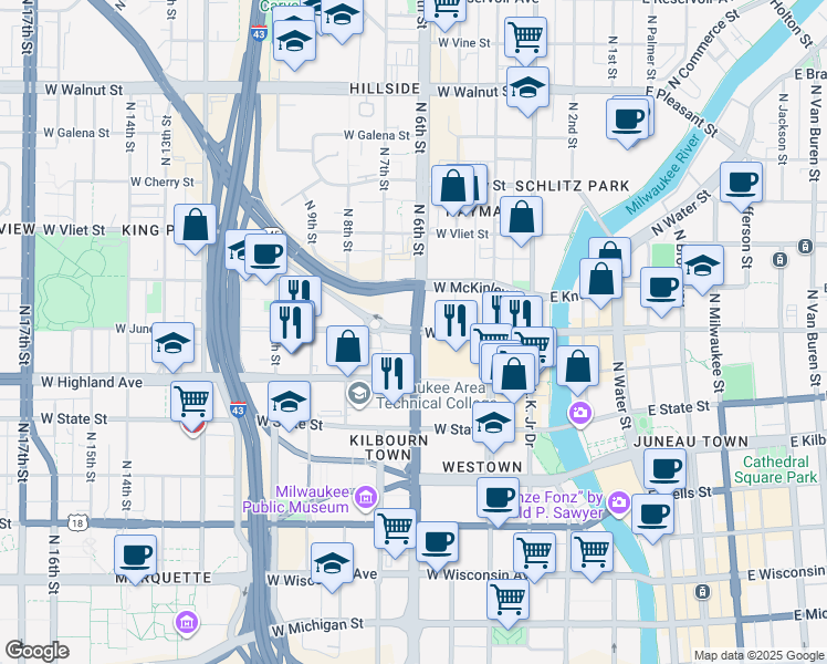 map of restaurants, bars, coffee shops, grocery stores, and more near 1201 North 6th Street in Milwaukee