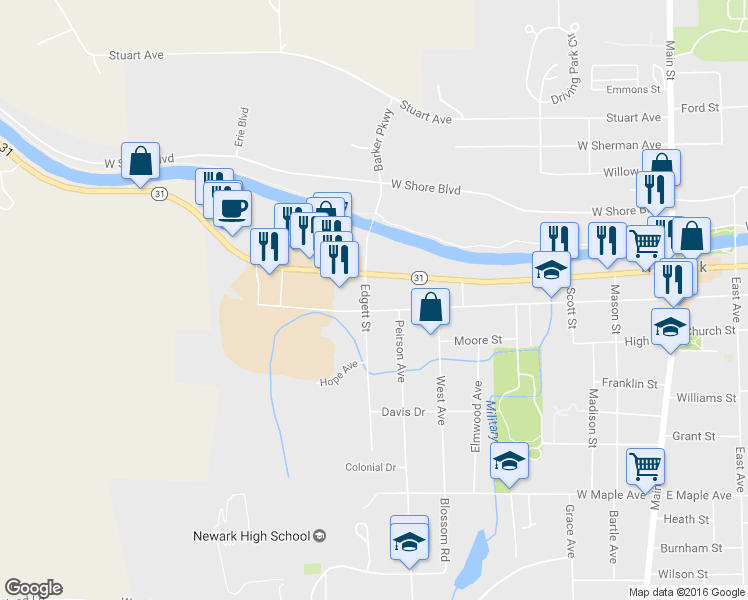 map of restaurants, bars, coffee shops, grocery stores, and more near 615 West Miller Street in Newark