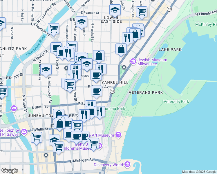 map of restaurants, bars, coffee shops, grocery stores, and more near 1029 East Juneau Avenue in Milwaukee