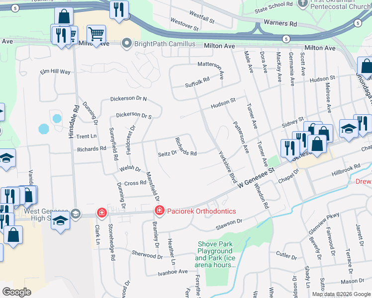 map of restaurants, bars, coffee shops, grocery stores, and more near 104 Richards Road in Camillus