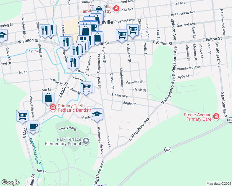 map of restaurants, bars, coffee shops, grocery stores, and more near 21 Steele Avenue in Gloversville