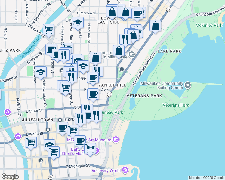 map of restaurants, bars, coffee shops, grocery stores, and more near N Prospect Ave & E Juneau Ave in Milwaukee