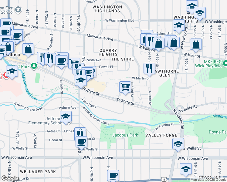 map of restaurants, bars, coffee shops, grocery stores, and more near 6432 West State Street in Milwaukee