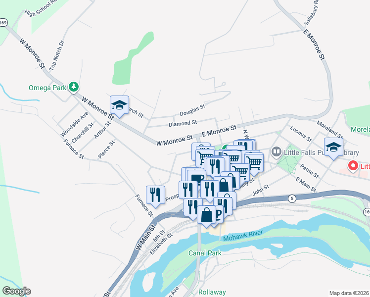 map of restaurants, bars, coffee shops, grocery stores, and more near 26 West Gansevoort Street in Little Falls