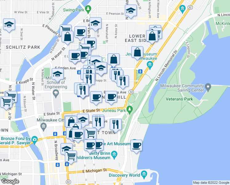 map of restaurants, bars, coffee shops, grocery stores, and more near East Juneau Avenue & North Astor Street in Milwaukee