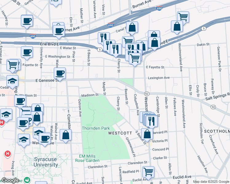 map of restaurants, bars, coffee shops, grocery stores, and more near 1402 Madison Street in Syracuse