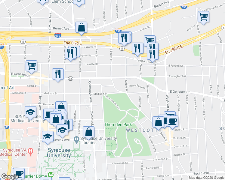 map of restaurants, bars, coffee shops, grocery stores, and more near 1209 Madison Street in Syracuse