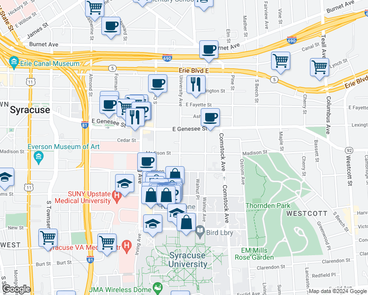 map of restaurants, bars, coffee shops, grocery stores, and more near 901 Madison Street in Syracuse