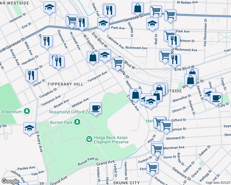 map of restaurants, bars, coffee shops, grocery stores, and more near 130 Coleridge Avenue in Syracuse