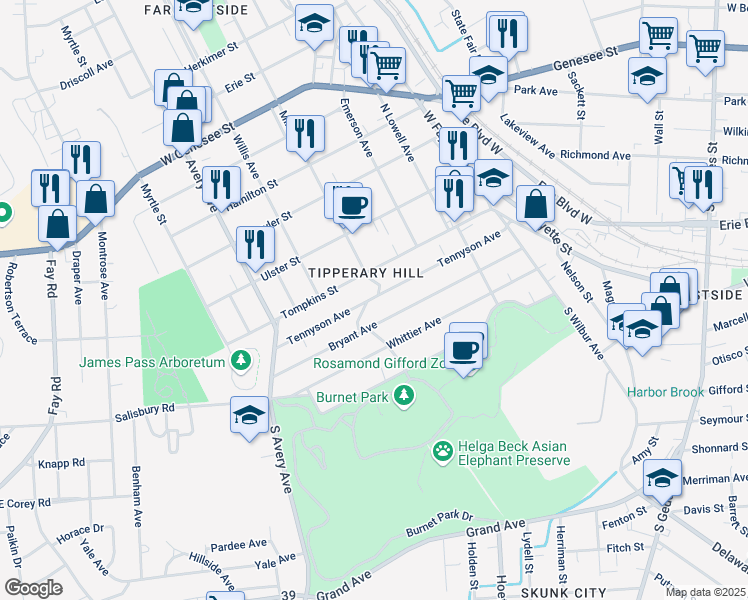 map of restaurants, bars, coffee shops, grocery stores, and more near 205-07 Burnet Park Drive in Syracuse