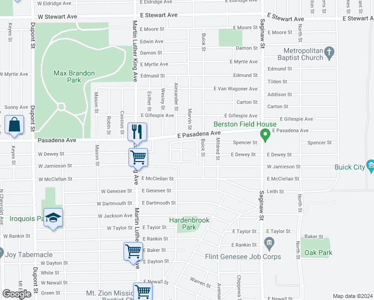 map of restaurants, bars, coffee shops, grocery stores, and more near 3209 Buick Street in Flint