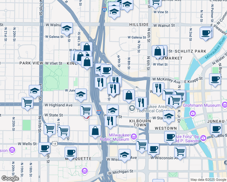 map of restaurants, bars, coffee shops, grocery stores, and more near 1125 North 9th Street in Milwaukee