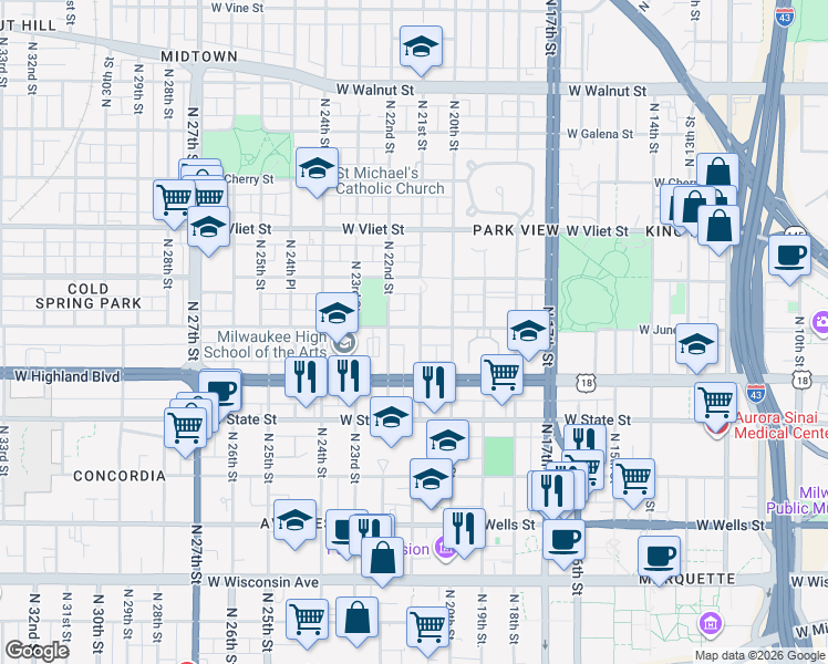 map of restaurants, bars, coffee shops, grocery stores, and more near 1146 North 21st Street in Milwaukee