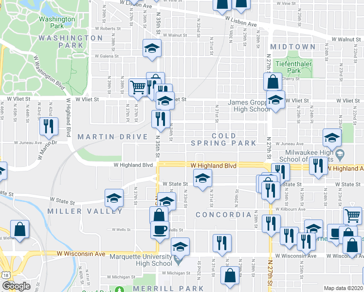 map of restaurants, bars, coffee shops, grocery stores, and more near 1141 North 33rd Street in Milwaukee