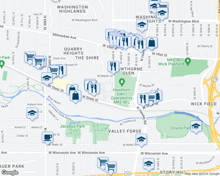 map of restaurants, bars, coffee shops, grocery stores, and more near 700 North 60th Street in Wauwatosa