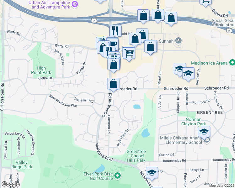 map of restaurants, bars, coffee shops, grocery stores, and more near 6949 Schroeder Road in Madison