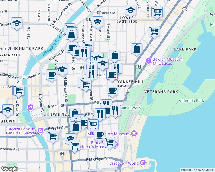 map of restaurants, bars, coffee shops, grocery stores, and more near East Juneau Avenue & North Marshall Street in Milwaukee