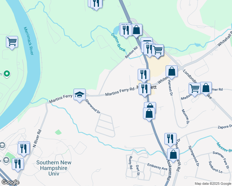 map of restaurants, bars, coffee shops, grocery stores, and more near 26 Martins Ferry Road in Hooksett