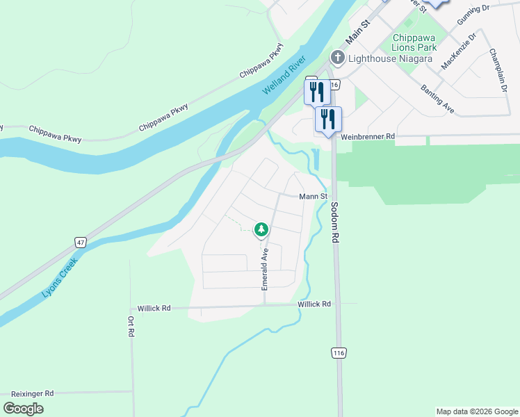 map of restaurants, bars, coffee shops, grocery stores, and more near 4446 Saw Mill Drive in Niagara Falls