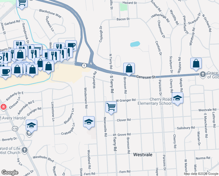 map of restaurants, bars, coffee shops, grocery stores, and more near 116 1/2 South Terry Road in Syracuse