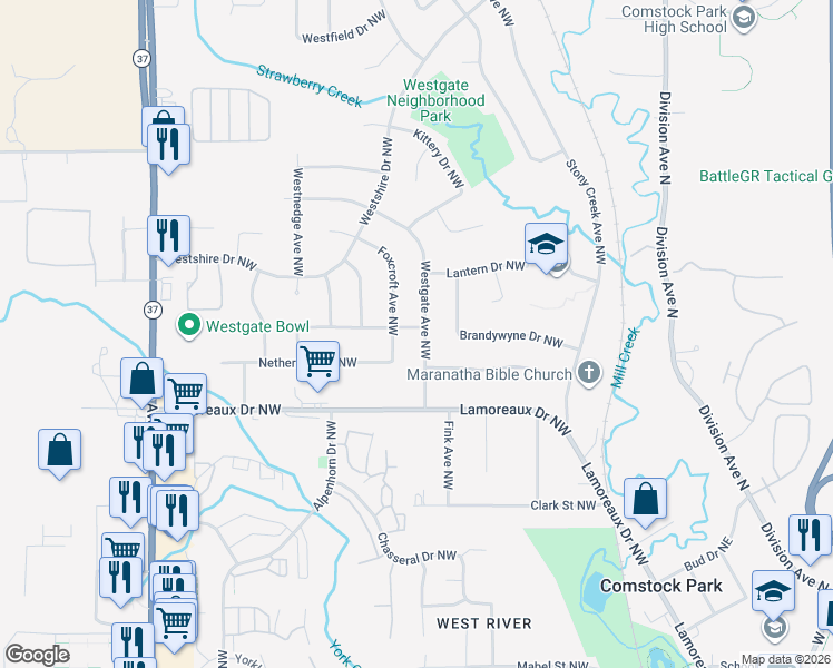 map of restaurants, bars, coffee shops, grocery stores, and more near 4504 Foxcroft Avenue Northwest in Comstock Park