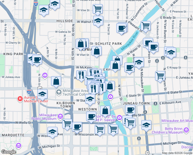map of restaurants, bars, coffee shops, grocery stores, and more near 311 West Juneau Avenue in Milwaukee