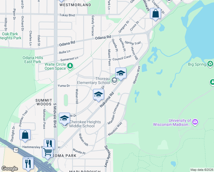 map of restaurants, bars, coffee shops, grocery stores, and more near 4025 Cherokee Drive in Madison