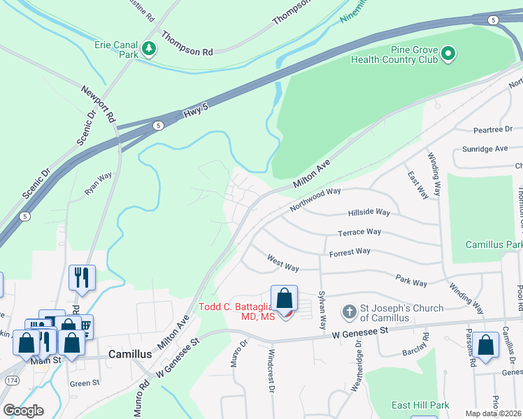 map of restaurants, bars, coffee shops, grocery stores, and more near 110 Shinnecock Lane in Camillus