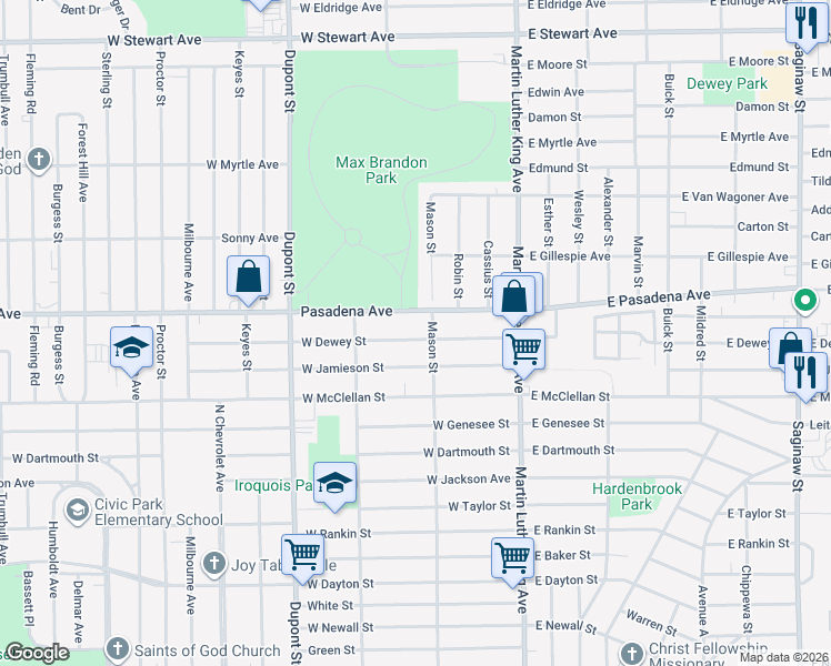 map of restaurants, bars, coffee shops, grocery stores, and more near 321 West Dewey Street in Flint