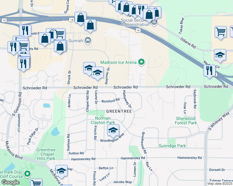 map of restaurants, bars, coffee shops, grocery stores, and more near 907 Valley Stream Drive in Madison