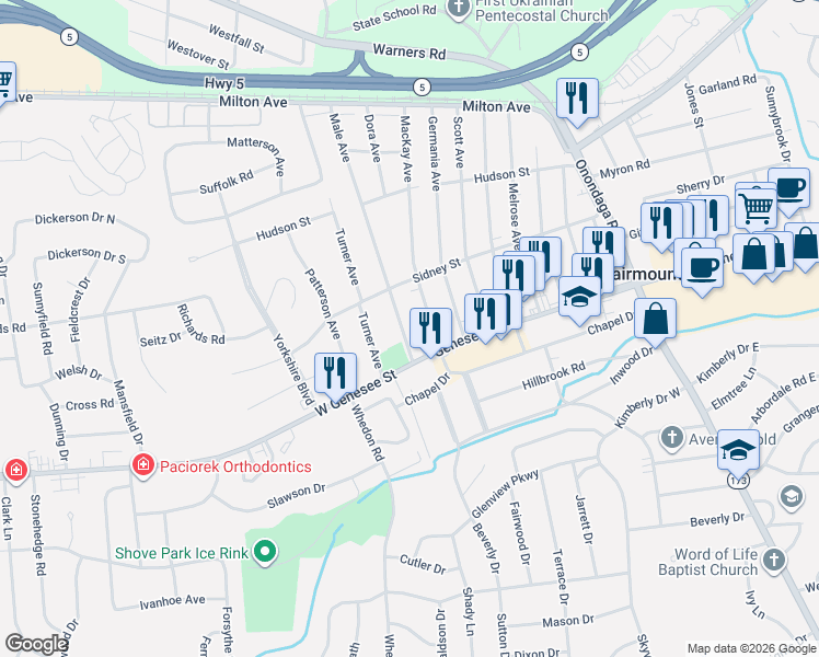 map of restaurants, bars, coffee shops, grocery stores, and more near 4600 West Genesee Street in Syracuse