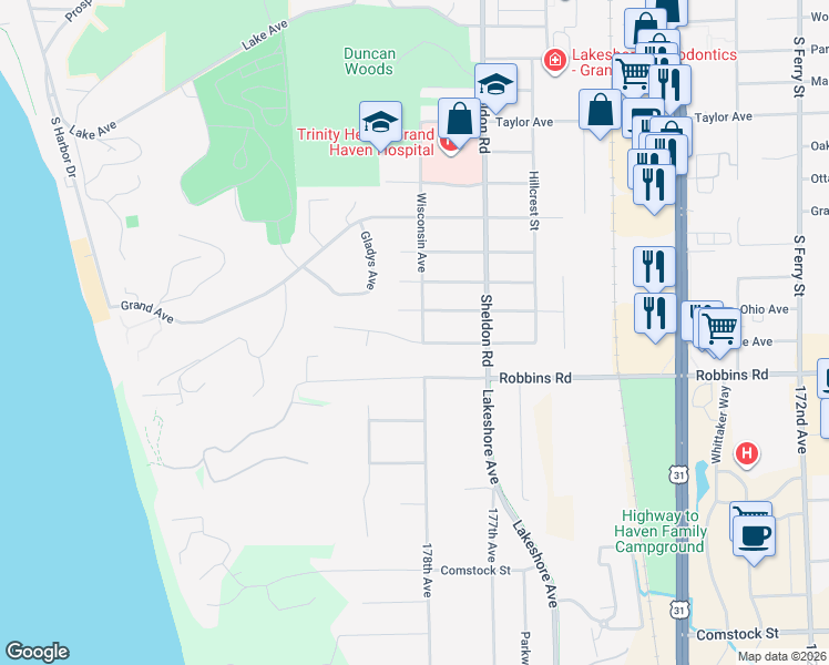map of restaurants, bars, coffee shops, grocery stores, and more near 1921 Wisconsin Avenue in Grand Haven