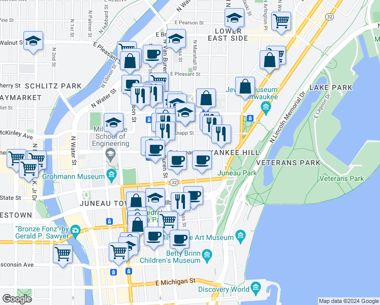 map of restaurants, bars, coffee shops, grocery stores, and more near 828 E Juneau Ave in Milwaukee