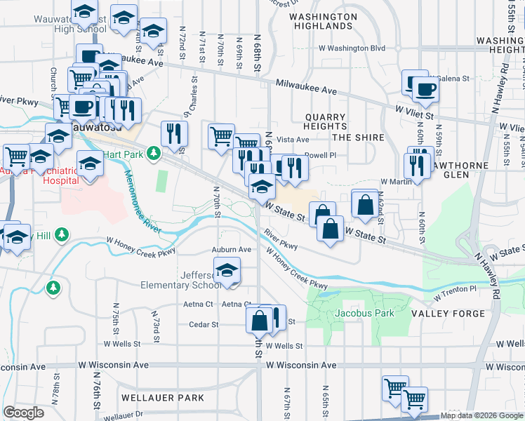 map of restaurants, bars, coffee shops, grocery stores, and more near in Wauwatosa