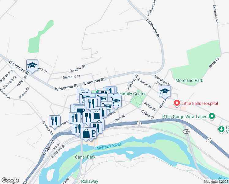 map of restaurants, bars, coffee shops, grocery stores, and more near 576 Garden Street in Little Falls