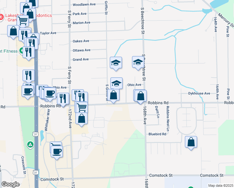 map of restaurants, bars, coffee shops, grocery stores, and more near 1700 South Griffin Street in Grand Haven
